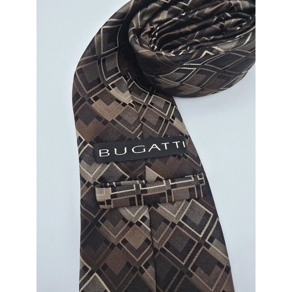 Bugatti 100% Silk Tie Brown Geometric Squares Classic Modern Necktie 58”x3.5”